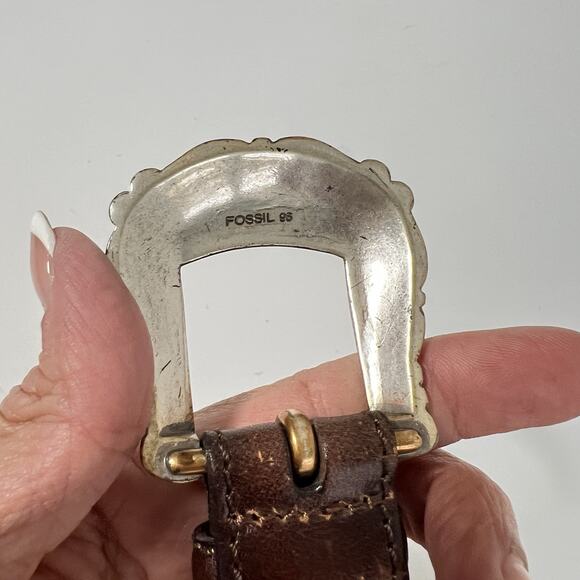 Fossil Brown Leather Belt Western Concho Womens XL Silver Gold 90’s Y2K - Picture 7 of 12